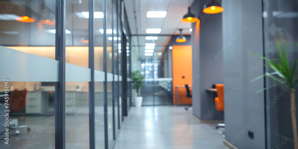 A view down an office hallway with glass walls, showing a potted plant in the defocused background. A view down an office hallway with glass walls, showing a potted plant in the defocused background.