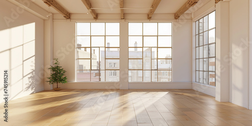 An unfurnished office room with blurred background, featuring large windows and wooden floors.
