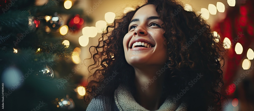 Cheerful Woman with Curly Hair Enjoying Festive Christmas Tree Decorations in Home Setting Cheerful Woman with Curly Hair Enjoying Festive Christmas Tree Decorations in Home Setting
