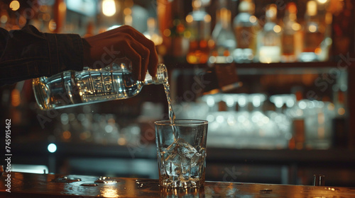 The satisfying pour of vodka from a bottle into a glass as a man tends the bar in a cozy evening pub scene.