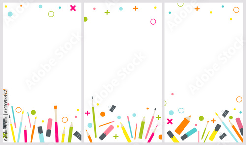 Science, stationary or back to school concept vector backgrounds set for social media, Instagram, TikTok or vertical video story posting. Different bright colors pencils, brushes, markers, liners.