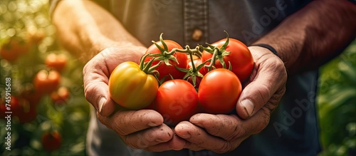 Organic Tomato Harvest: Farmer Holding Fresh Ripe Tomatoes in Sunny Garden