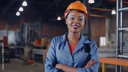 Portrait of a young African American female engineer in a modern factory workshop. A beacon of happiness, she motivates the team with her infectious smile. © Stavros's son