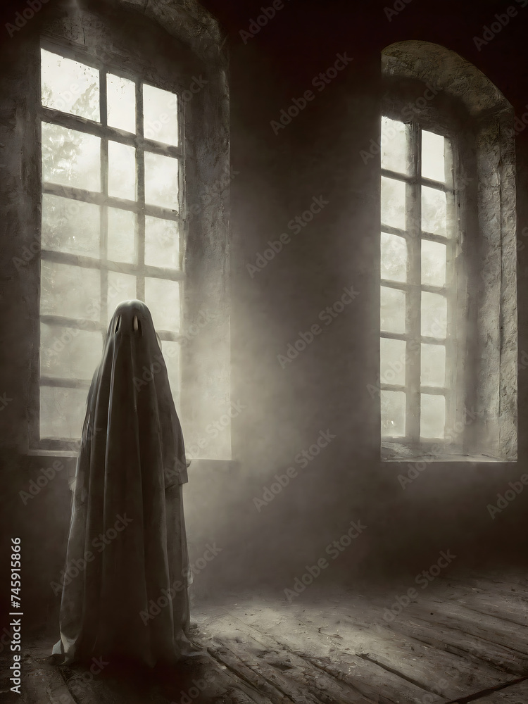 Ghost Standing In A Old Building, Looking Out The Window	