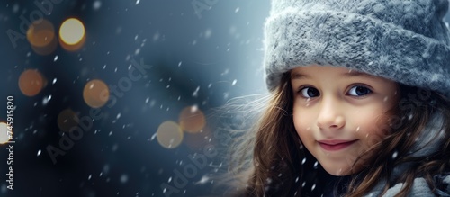 Adorable Child in Festive Winter Attire Admiring Christmas Decorations photo