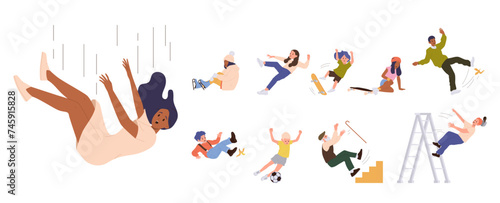 People isolated cartoon characters of different ages falling down while walking, playing outdoors photo