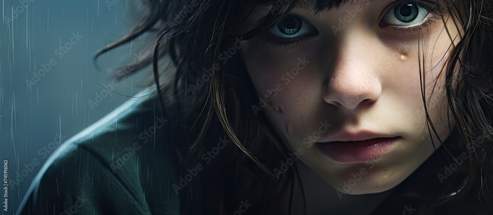 Portrait of a Teenage Girl with Long Hair and Blue Eyes Showing Sadness and Vulnerability - obrazy, fototapety, plakaty 
