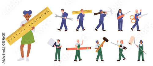 Different diverse people cartoon character holding giant work tools isolated set on white background