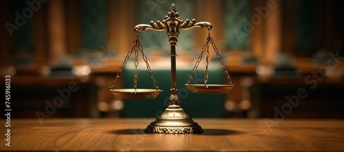 The scales of justice centered in a courtroom, representing law, order, and balanced judgement photo