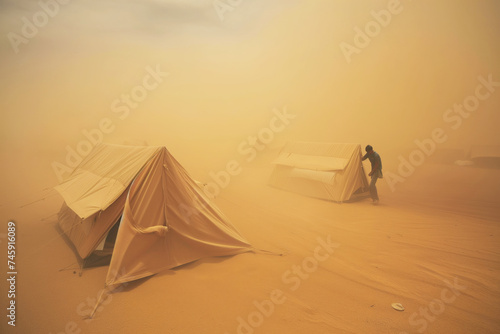 visitor at desert camp securing tent flaps during a dust storm