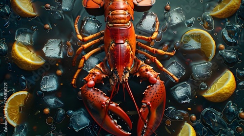 Top view of whole red lobster with ice and lemon on a dark background. Top view  digital ai art 