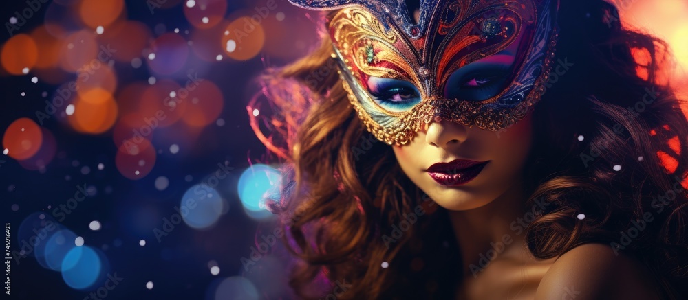 Mystery Unveiled: Enigmatic Woman Adorned in Carnival Mask on Sparkling Holiday Backdrop