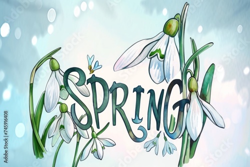 Spring logotype. Lettering spring with a snowdrop for a greeting card , invitation template, sketch hand logo 