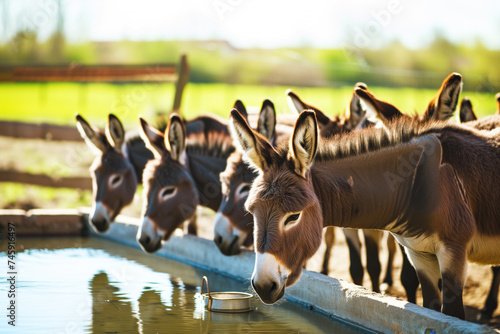 group of donkeys standing by a water trough on a farm photo