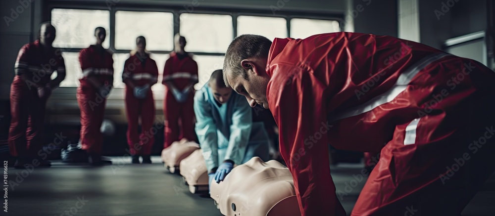 Man in Red Raincoat Demonstrates CPR Training Techniques with Resuscitation Doll