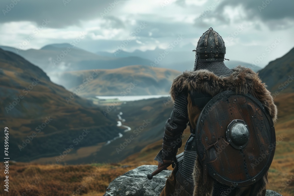 Warrior in armor gazing at a mountainous landscape. Warrior in armor gazing at a mountainous landscape.
