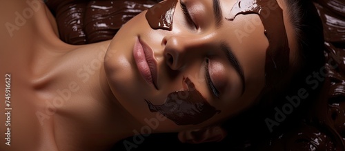 Sensual Beauty Treatment: Woman Indulging in Chocolate Facial Mask for Luxurious Spa Relaxation photo