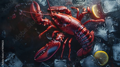 Top view of whole red lobster with ice and lemon on a dark background. Top view, digital ai art  © Ziyan
