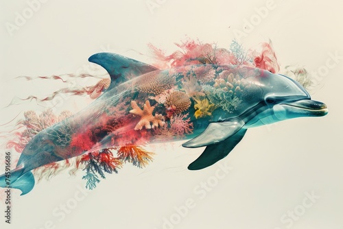 A graceful dolphin merged with the vibrant colors of a coral reef in a double exposure photo