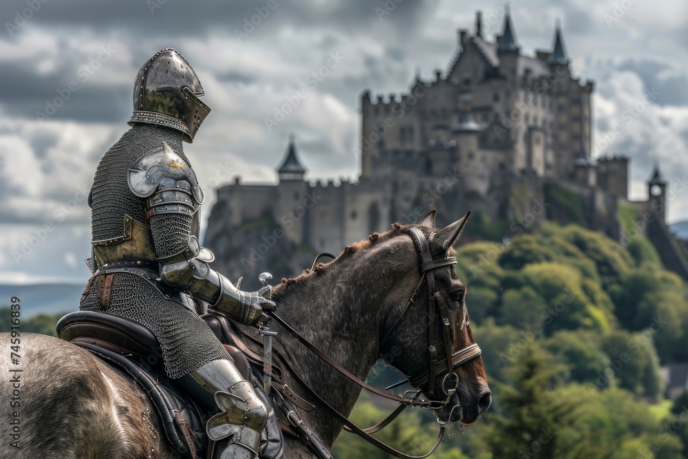 Knight in armor on horseback with castle in the background Knight in armor on horseback with castle in the background