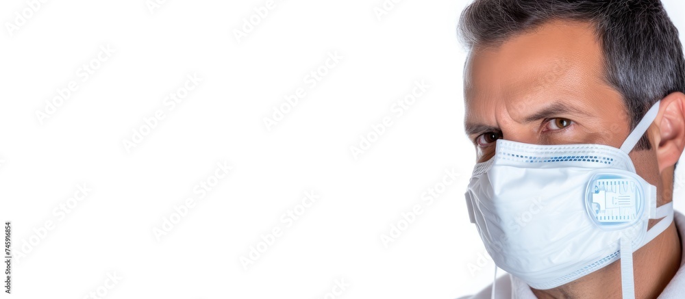 Concerned man in protective mask monitoring temperature with white background Concerned man in protective mask monitoring temperature with white background