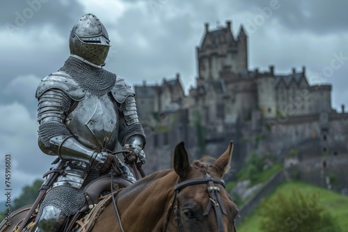 Knight in armor on horseback with castle in the background
