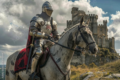 Knight in armor on horseback with castle in the background