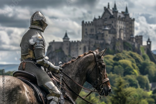 Knight in armor on horseback with castle in the background photo