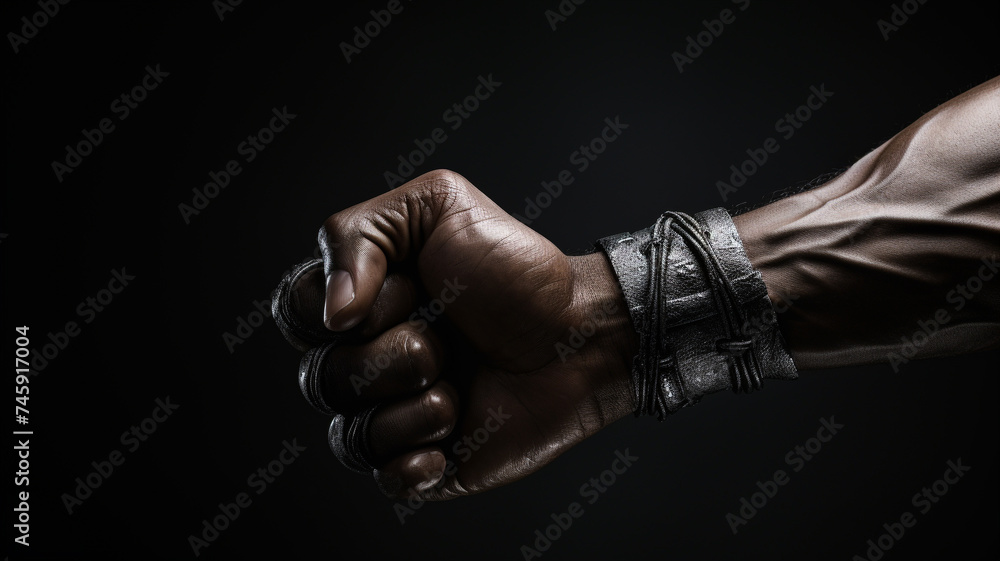 Strong fist of an african american man on black background