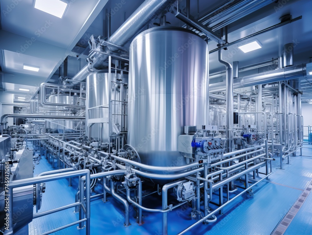 A modern dairy plant showcasing milk production and processing for commercial distribution. The facility is equipped with state-of-the-art machinery and technology. A modern dairy plant showcasing milk production and processing for commercial distribution. The facility is equipped with state-of-the-art machinery and technology.