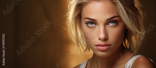 Sultry Blonde with Captivating Blue Eyes Staring Intensely into the Camera