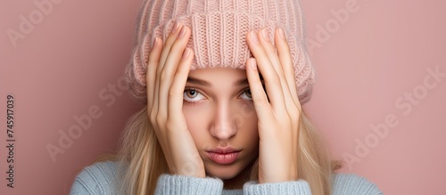 Young Teenager Secretly Peeking Through Fingers Covered by a Pink Winter Hat photo