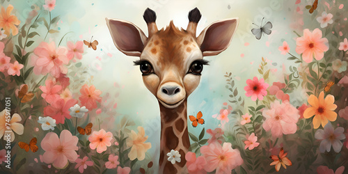 Watercolor Baby Painting giraffe bunch flower crown on its head balloons  background
