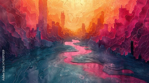 Abstract Artistic Cityscape in Vivid Watercolors. Abstract watercolor painting of a city skyline with a flowing river, blending vibrant warm and cool tones.