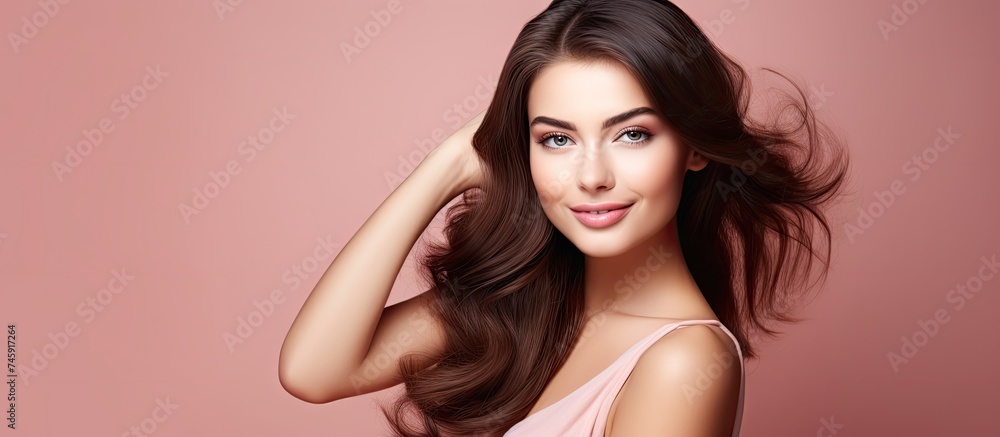 custom made wallpaper toronto digitalRadiant Woman Embracing Feminine Elegance with Long Hair on Vibrant Pink Background