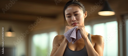 Sweaty Asian Woman in Gray Sports Bra Wiping Perspiration with Towel Post-Workout at Home