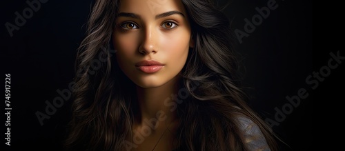 Captivating Beauty: Stunning Hispanic Teenage Girl with Long Hair Against Dark Background