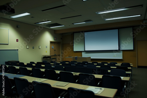 vacant conference room with overhead projector, no crowd photo