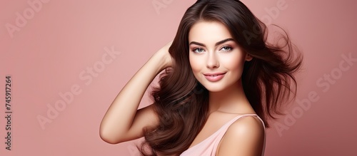 Wallpaper Mural Radiant Woman Embracing Feminine Elegance with Long Hair on Vibrant Pink Background Torontodigital.ca