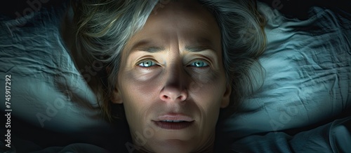 Portrait of Sleepless Senior Woman with Blue Eyes Suffering from Insomnia in Bed