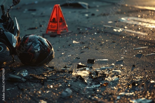 Motorcycle accident scene with helmet and debris on road photo