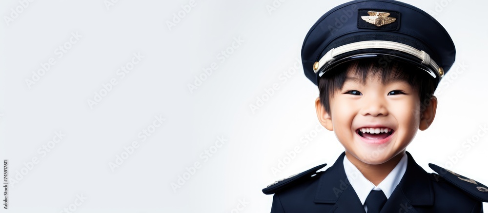 Young Asian Pilot Boy Radiates Joy in Oversized Aviator Outfit Against Pure White Background