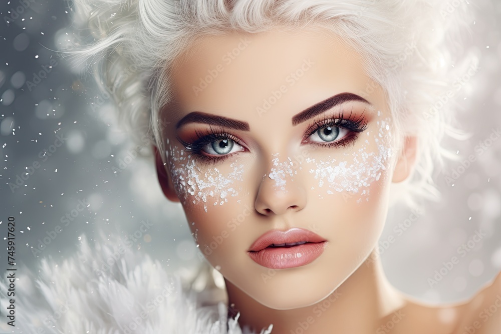 Gorgeous Blonde Beauty, cosmetics and makeup. Magic eyes look with bright creative make-up. Macro shot of beautiful woman's face with perfect art make up with glitter