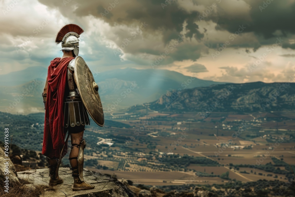Obraz premium Ancient warrior overlooking a mountainous battlefield.