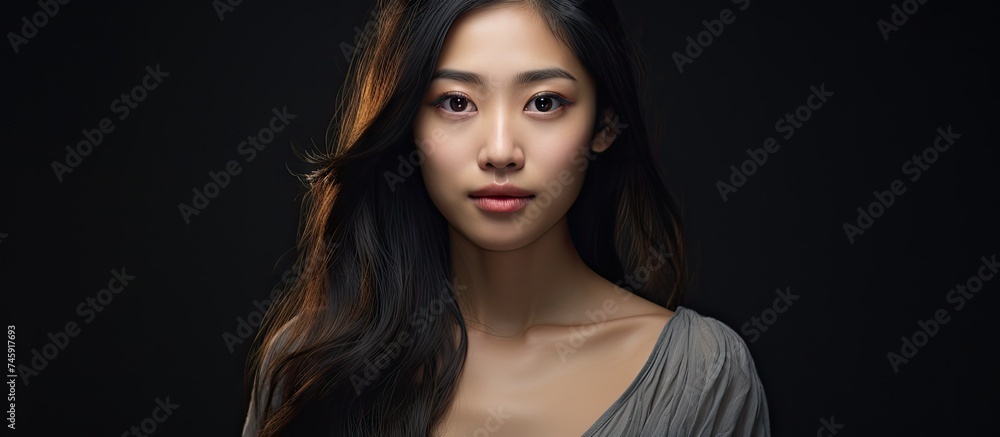 Elegant Asian Woman Posing in Stylish Grey Dress with Flowing Long Hair Elegant Asian Woman Posing in Stylish Grey Dress with Flowing Long Hair