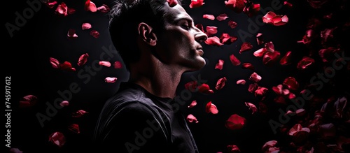 Man Surrounded by Red Rose Petals on Mysterious Black Background