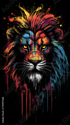 Rainbow lion with smudges of paint on a black background.