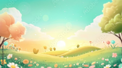 Dreamy landscape with radiant sun, fluffy clouds, and colorful trees