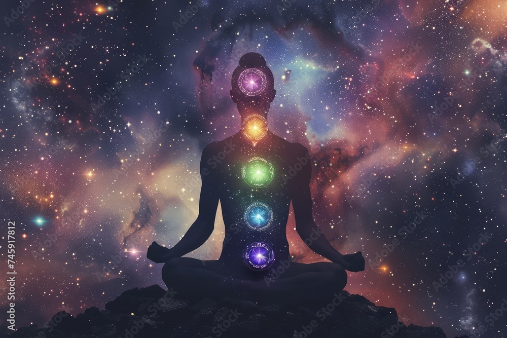 Meditating figure with illuminated chakras and cosmic background
