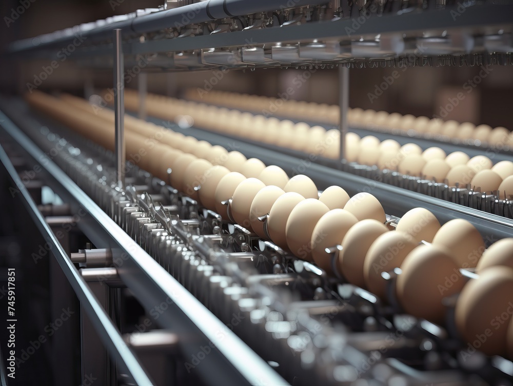 Modern egg production conveyor system in agricultural industry, with rows of white eggs moving on a conveyor belt in a clean and industrial environment.
